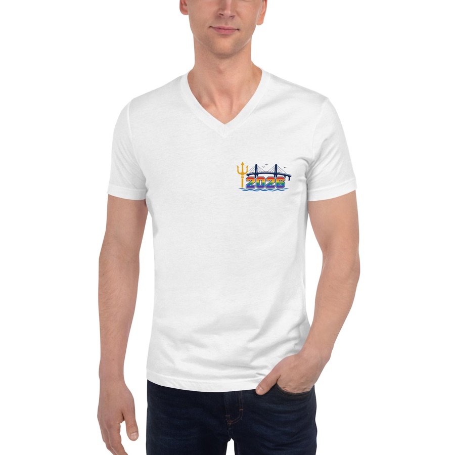Unisex short sleeve v-neck t-shirt with Rehoboth Bay Pride logo