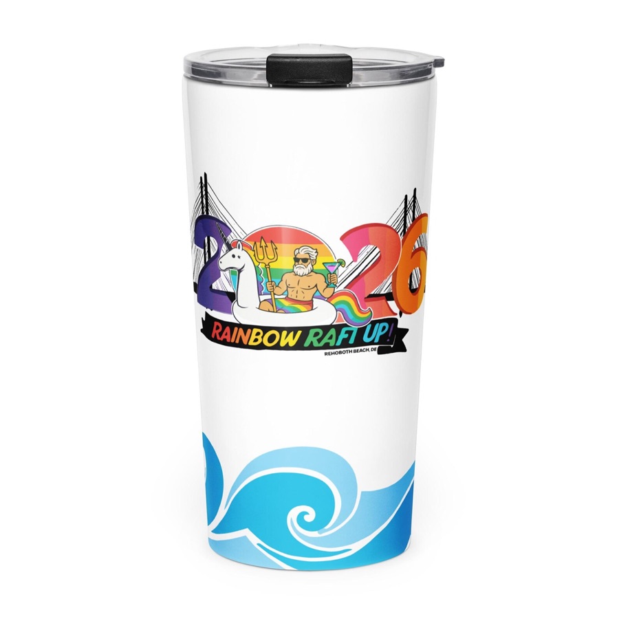 2026 tapered stainless steel tumbler with Rainbow Raft Up artwork